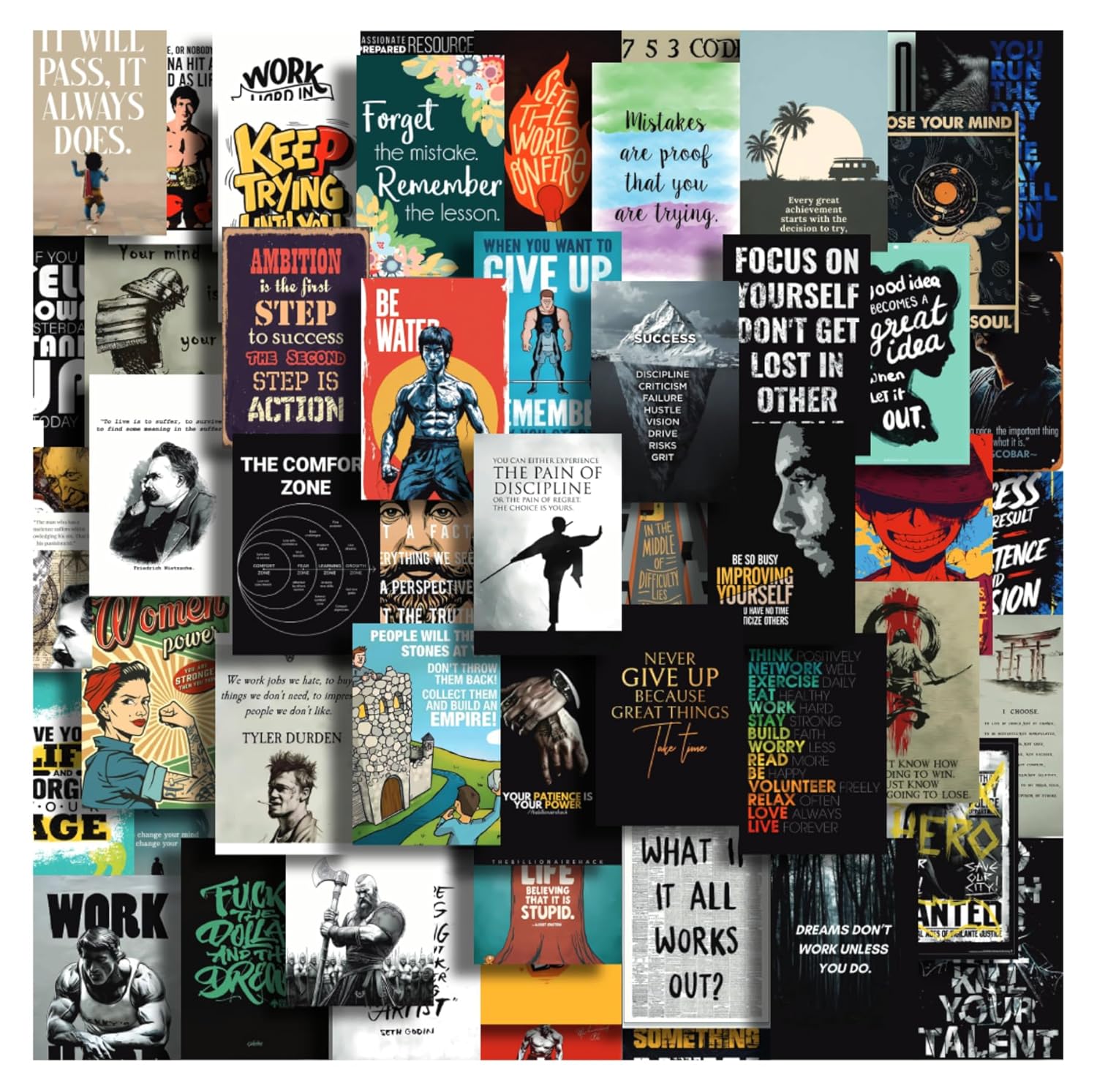 Set of 54 Motivational Inspirational Wall Collage Kit Posters - 4x6 Inches, 300 GSM Matte Finish, Double-Side Tape Included - Perfect for Office, Gym, Study Room Decoration
