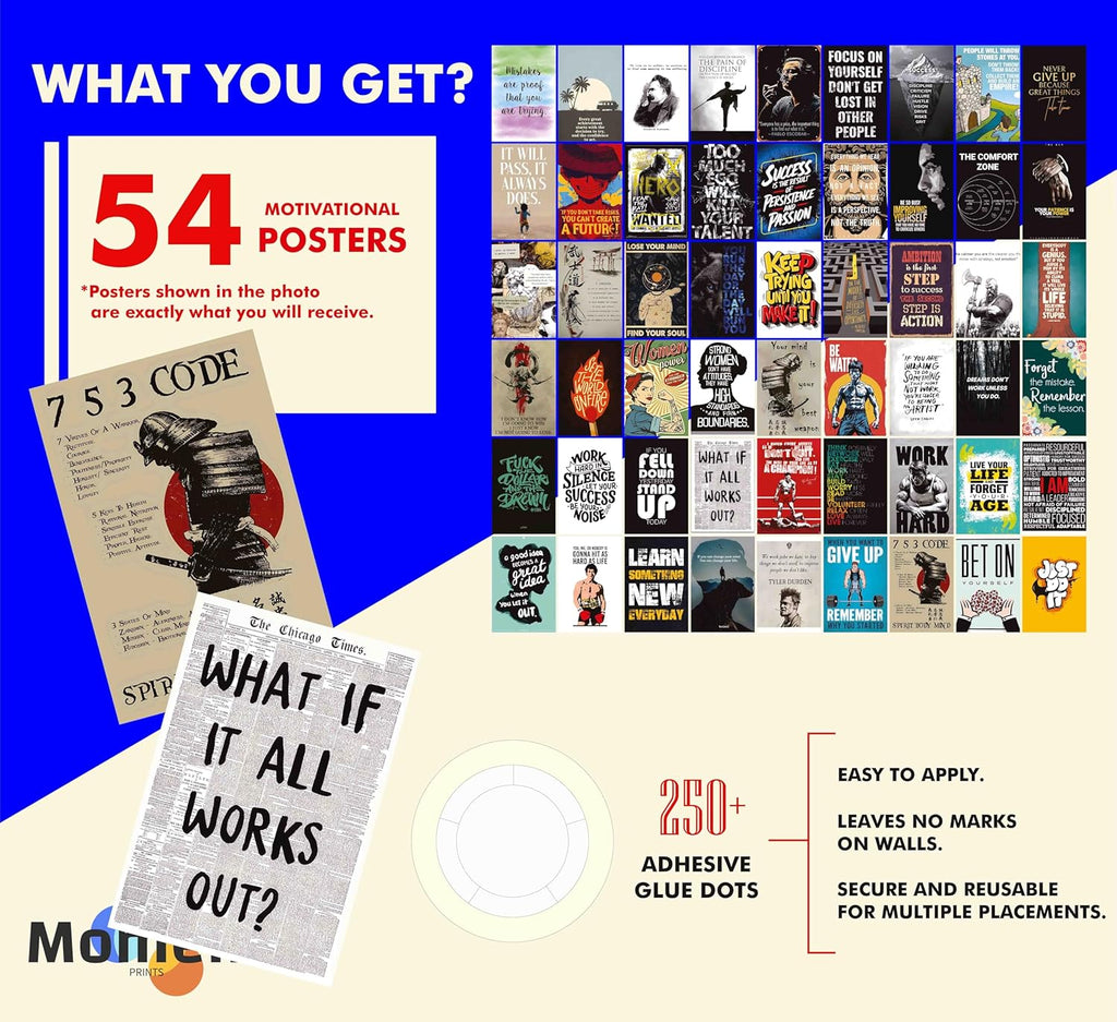 Set of 54 Motivational Inspirational Wall Collage Kit Posters - 4x6 Inches, 300 GSM Matte Finish, Double-Side Tape Included - Perfect for Office, Gym, Study Room Decoration