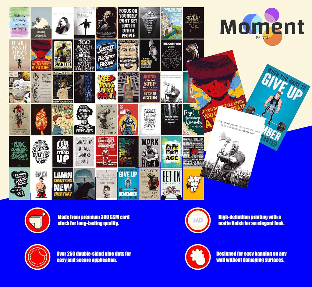 Set of 54 Motivational Inspirational Wall Collage Kit Posters - 4x6 Inches, 300 GSM Matte Finish, Double-Side Tape Included - Perfect for Office, Gym, Study Room Decoration